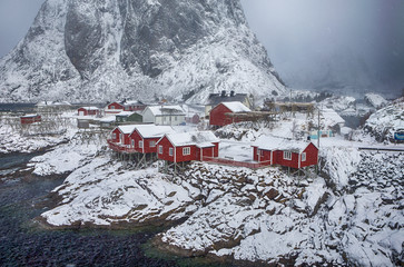 Travel concepts and Ideas. Picturesque Breathtaking View of Hamnoy Village at Lofoten Islands Shot from Upper Point.