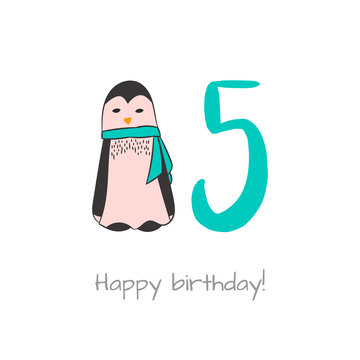 Happy birthday card with penguin in hand drawn style
