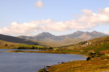 View of Snowdonia National Park with lake in foreground