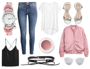 A set of fashionable clothes and accessories on a white background