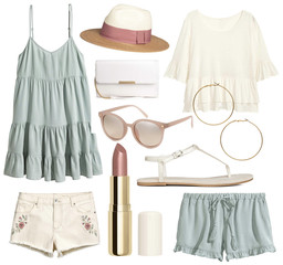 A set of fashionable clothes and accessories on a white background