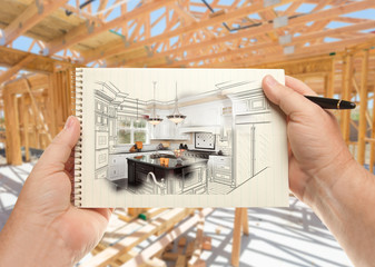 Male Hands Holding Pen and Pad of Paper with Custom Kitchen Illustration Inside Construction...