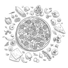 Set of pizza ingredients in doodle style isolated on white background