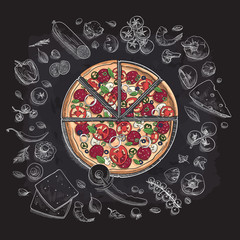 Set of pizza ingredients in doodle style isolated on white background