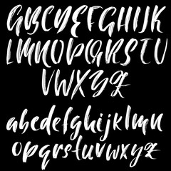 Hand drawn dry brush font. Modern brush lettering. Grunge style alphabet. Vector illustration.