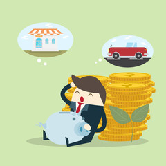Happy Young business man sit with coin stack dream for house and car by investment and savings money on pig bank,