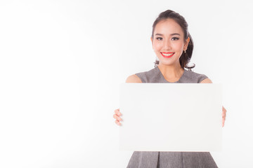 Fototapeta premium Asian women showing blank paper with copy space,Mock up for display product