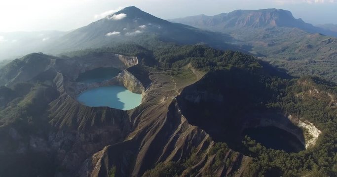 Kelimutu volcano colored lakes flyby