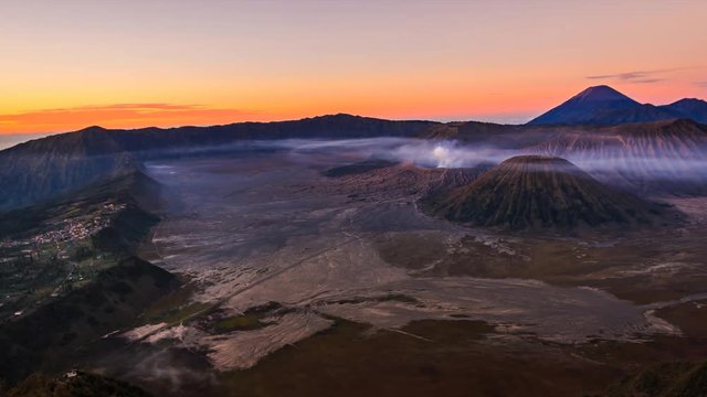 The Bromo Volcano Sunrise Landmark Nature Travel Place Of Indonesia  4K Time Lapse (pan shot)