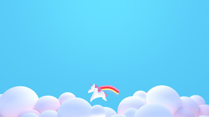 3d rendering picture of cute cartoon unicorn flying in the sky. Blank copy space for logo or holidays greeting.