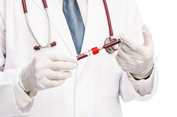 cropped shot of doctor taking blood sample from syringe to blood tube.