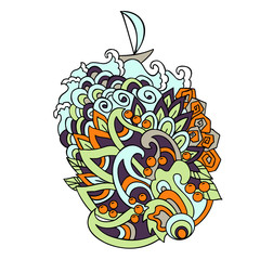 Cartoon hand drawn doodles on sea style. Wave colorful pattern. Vector illustration.