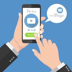 Flash Design style of Human hand holding Smartphone with media or music app on screen. Vector design Element illustration