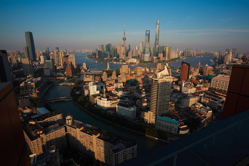 Aerial photography bird view at Shanghai bund Skyline