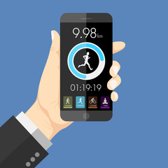 Flat design style human hand holding smartphone with activity  app in the display, vector design element illustration