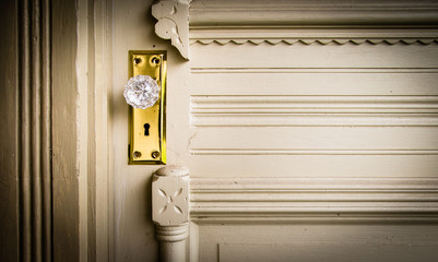 Antique wooden painted door glass doorknob key unlock
