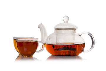 Cup of tea with teapot on a white background.