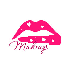 Make up beauty logo emblem with lips and lipstick instead of the lower lip with hearts. Vector template illustration Cosmetics and fashion background for business card, book cover, beauty salon