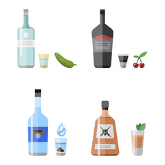 Alcohol drinks beverages cocktail appetizer bottle lager container drunk different snacks glasses vector illustration.