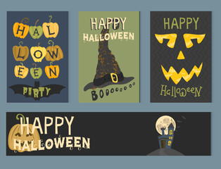 Set of happy halloween greeting card vector illustration party invitation design with spooky emblem.