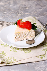 strawberry quark cake on a white plate