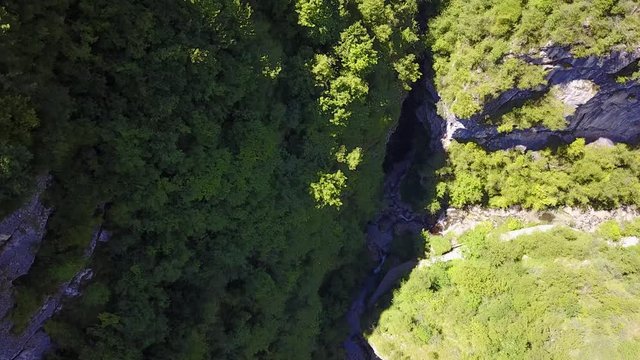 Drone aerial view of the naturalistic oasis called Val Vertova in the province of Bergamo, Italy
