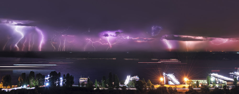The Volga River in flashes of a lot of night lightning