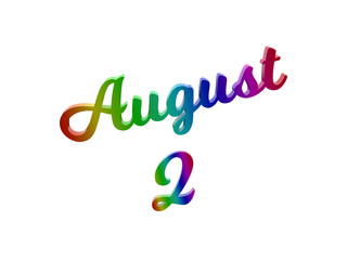 August 2 Date Of Month Calendar, Calligraphic 3D Rendered Text Illustration Colored With RGB Rainbow Gradient, Isolated On White Background
