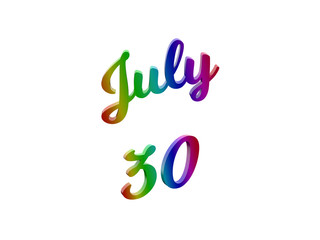 July 30 Date Of Month Calendar, Calligraphic 3D Rendered Text Illustration Colored With RGB Rainbow Gradient, Isolated On White Background
