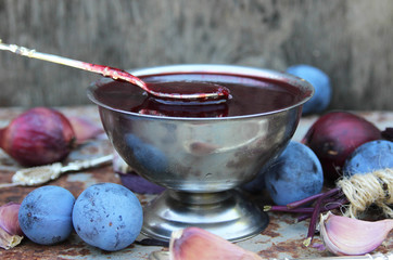 Tkemali from the plums. Sauce from plums.