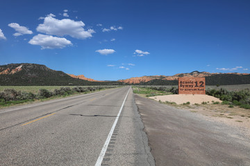 Sign of Scenic Byway 12 in Red Canyon. Utah. USA