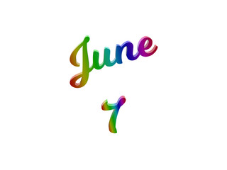 June 7 Date Of Month Calendar, Calligraphic 3D Rendered Text Illustration Colored With RGB Rainbow Gradient, Isolated On White Background
