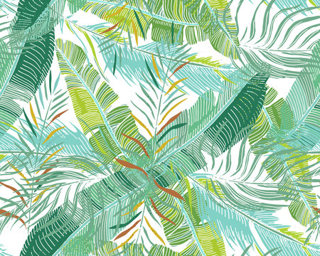 Tropical Background. Vector Seamless Pattern With Exotic Palm Trees leaves For Textile Or Book Covers, Manufacturing, Wallpapers, Print, Gift Wrap And Scrapbooking.