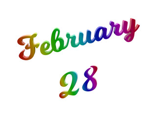 February 28 Date Of Month Calendar, Calligraphic 3D Rendered Text Illustration Colored With RGB Rainbow Gradient, Isolated On White Background
