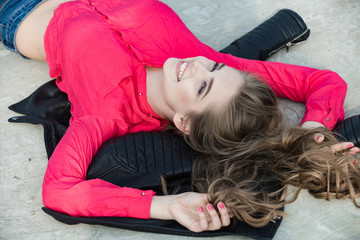 Girl in red blouse.