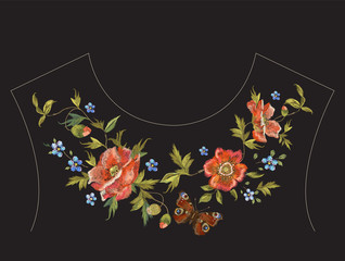 Embroidery floral neck line pattern with poppies and butterfly.