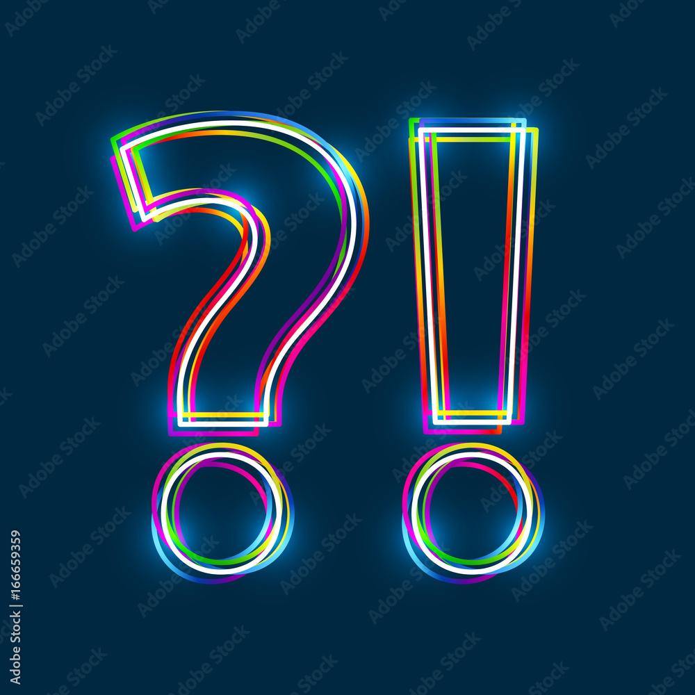 Poster Question & Exclamation marks. Question and Answer. Q and A - Vector multicolored outline font with glowing effect isolated on blue background. EPS10
