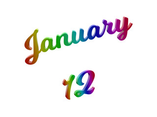 January 12 Date Of Month Calendar, Calligraphic 3D Rendered Text Illustration Colored With RGB Rainbow Gradient, Isolated On White Background
