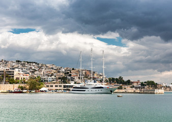 Fototapeta na wymiar Luxury motorboat at the dock.Marina Zeas, Piraeus,Greece