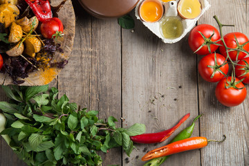 Colorful Grilled Vegetable Bounty Tray on Wooden Pan and Dip Resting on  Painted Picnic Table