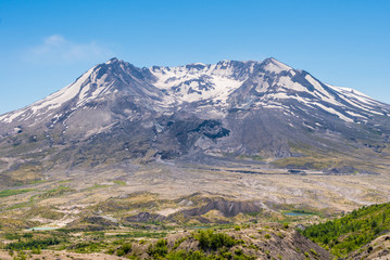 The breathtaking views of the volcano Mount St. Helens destroyed landscape and barren lands. Harry's Ridge Trail. Mount St Helens National Park, South Cascades in Washington State, USA