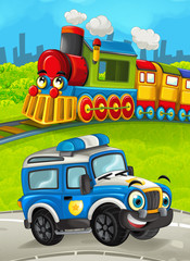 Cartoon train scene on the meadow with off road police truck - illustration for the children