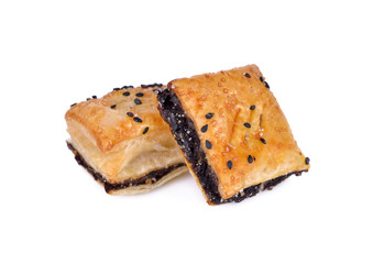 crispy pie with black sesame on white background
