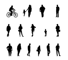 Set of Silhouette Walking People and Children. Vector Illustrati