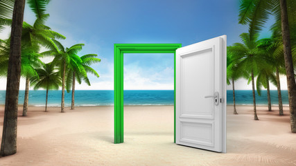 open door frame on the sandy tropical beach
