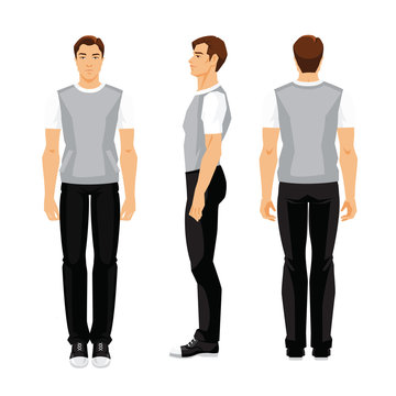 Vector illustration of young man in sport clothes isolated on white background. Various turns man's figure. Front view, side view and back view.