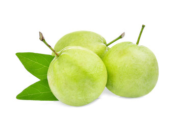 three whole guava fruit with green leaf isolated on white background