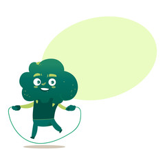 Funny smiling broccoli character doing sport exercises with jumping rope, comic, cartoon vector illustration isolated on white background. Funny broccoli hero, character training with jumping rope