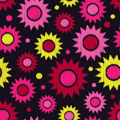 Ethnic boho seamless pattern. Decorative sunflowers. Scribble texture. Retro motif. Textile rapport.