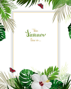 Universal invitation or congratulation card with green tropical palm, monstera leaves and hibiscus blooming flower on the white background. Holiday banner with place for message on the summer poster.